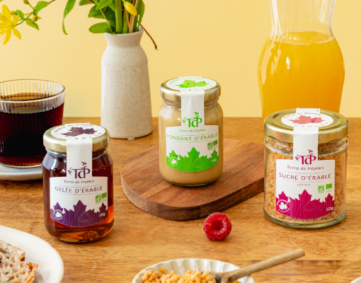 Découvrez notre boutique en ligne de sirop d'érable, sucre d'érable et fondant d'érable terre de pépites, importé du Quebec